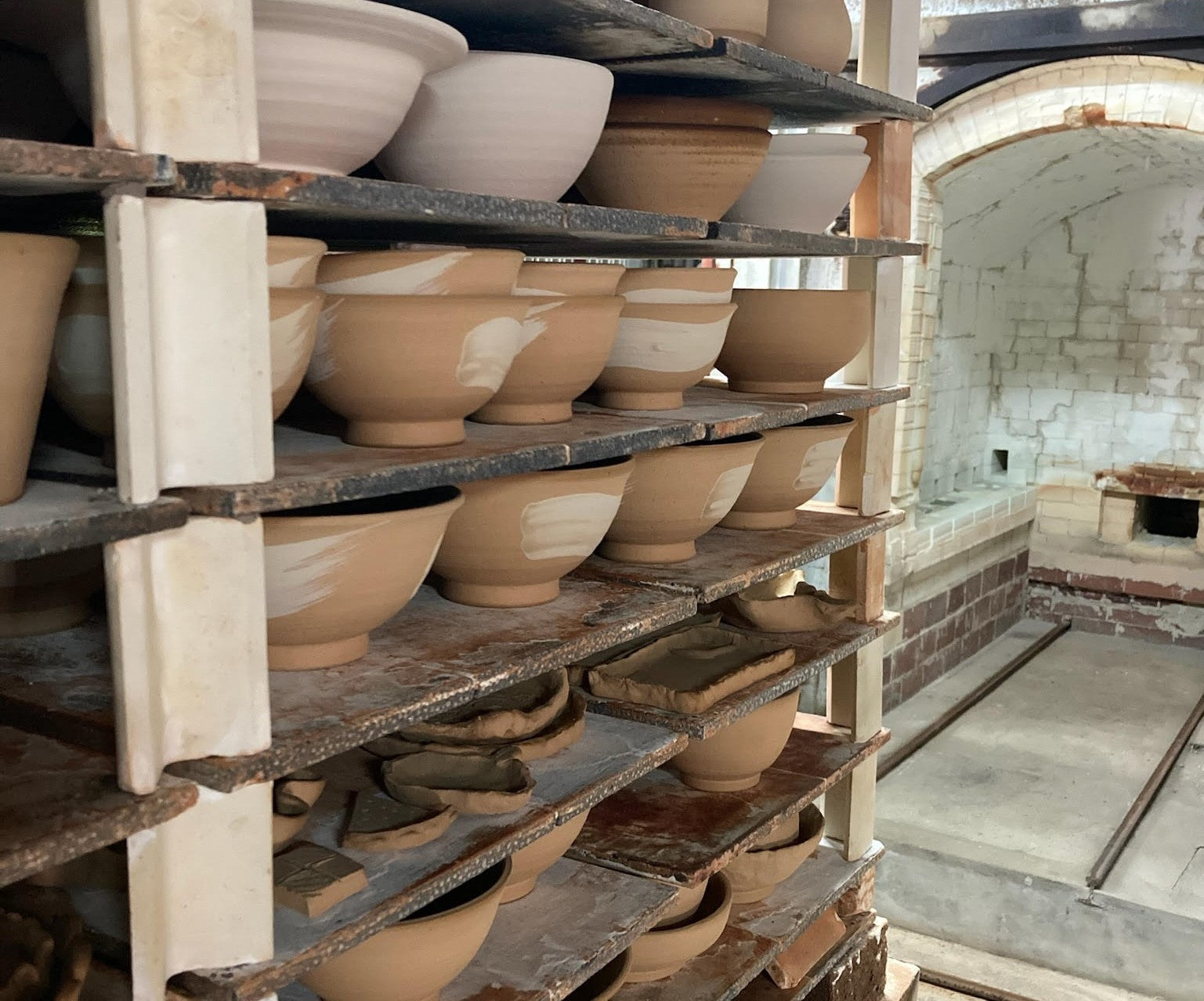 An unfired kiln load of Hagi yaki bowls in Hagi, Japan