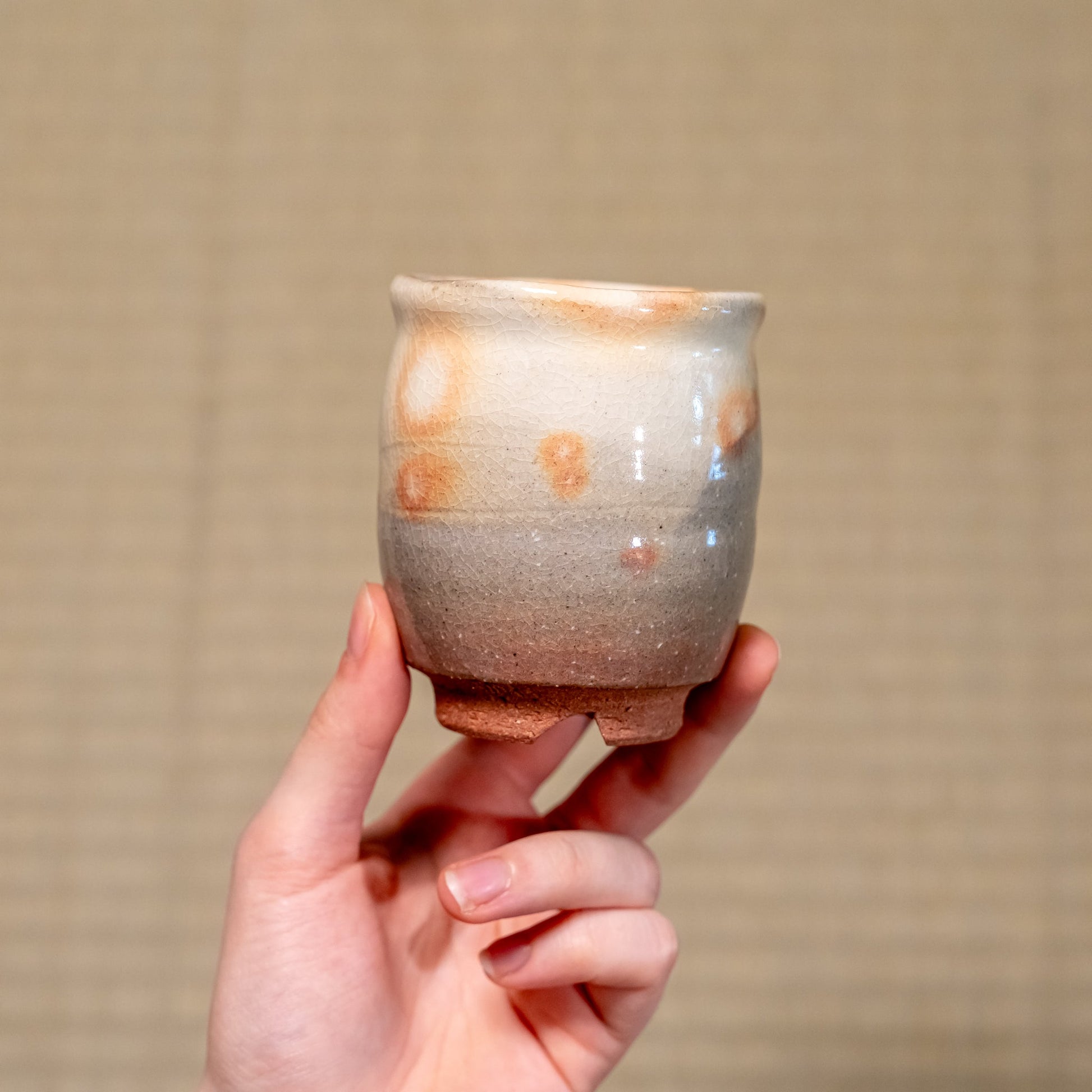 A Japanese ceramic Hagi yaki teacup held in hand
