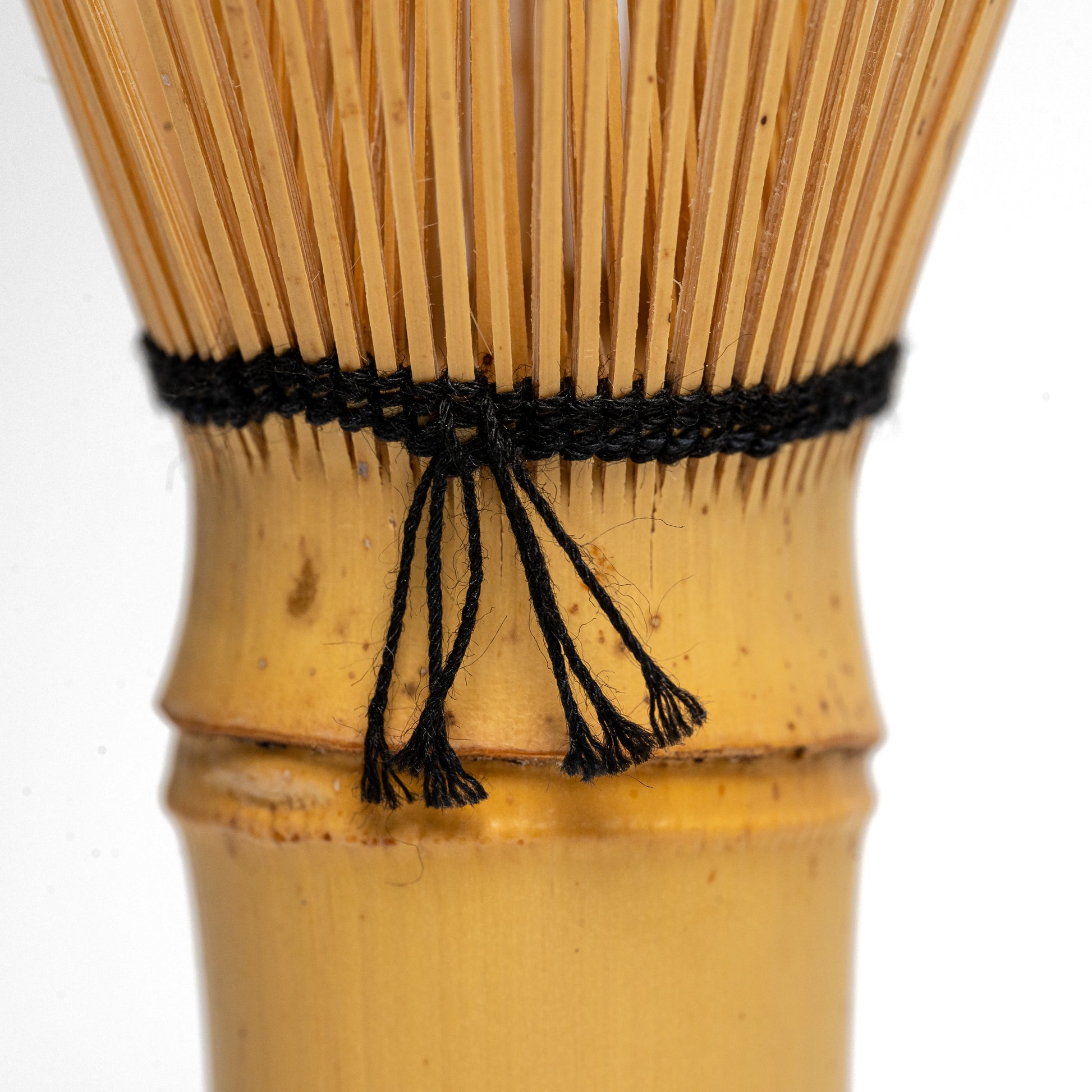 Close up of a white bamboo Takayama Chasen matcha whisk on a white background