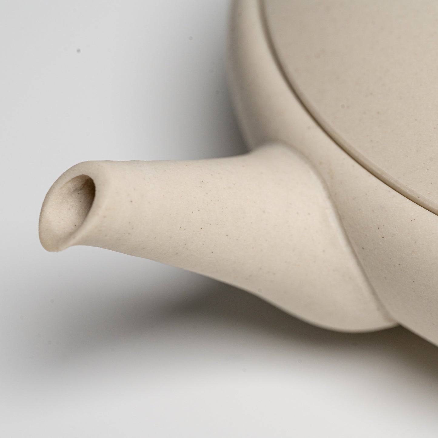 Close up of the spout of the Tokoname-yaki Teapot on a white background
