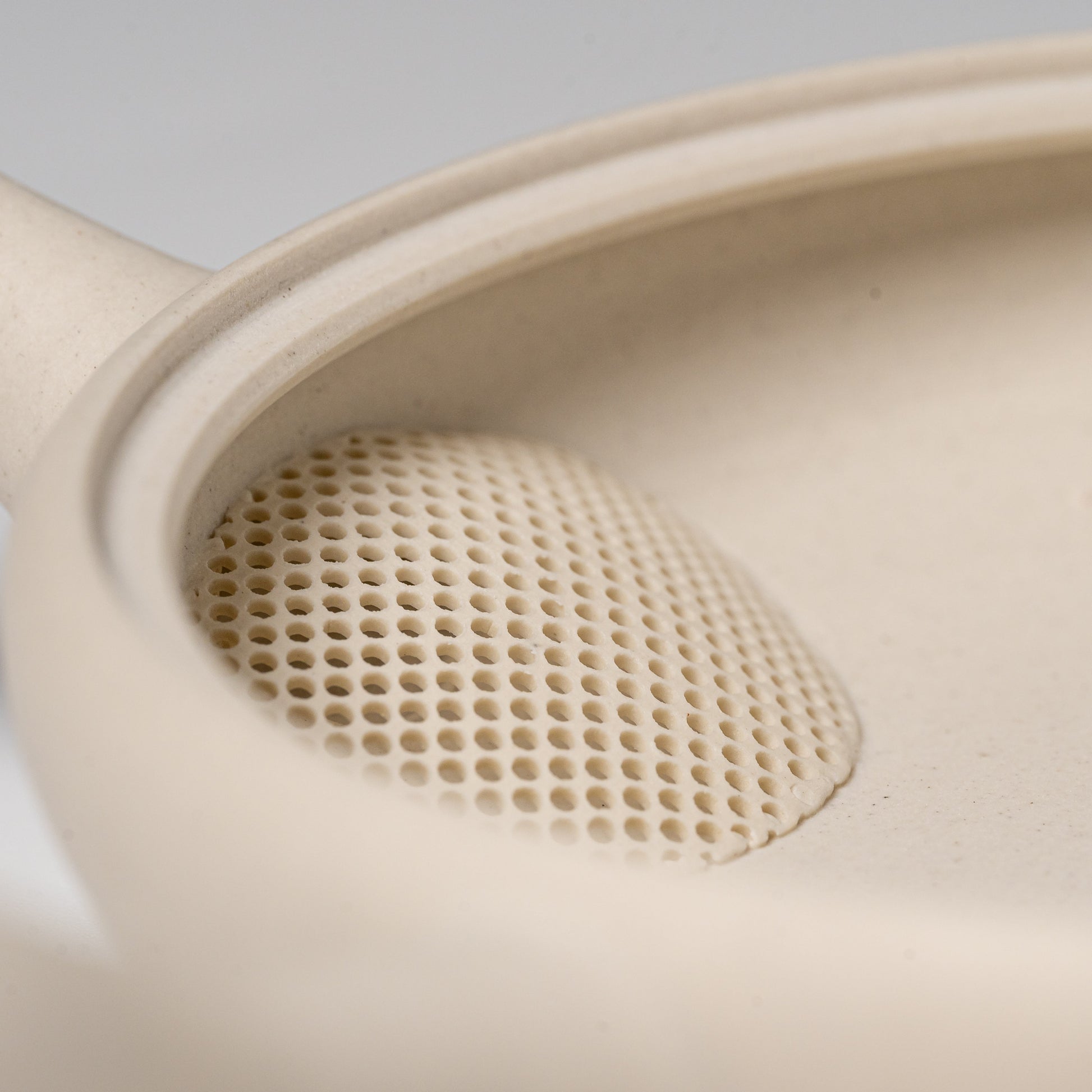 Close up of the strainer of the Tokoname-yaki Teapot on a white background
