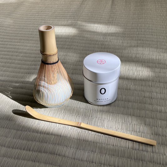 Japanese matcha kit with white bamboo chasen