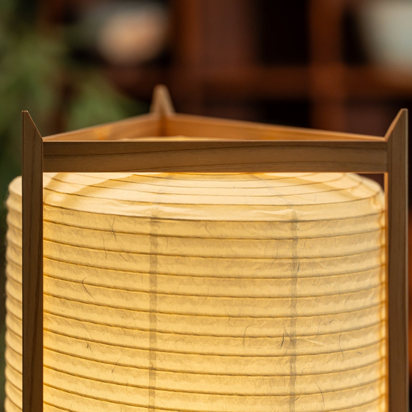 Close up of a Andon Triangle paper lamp