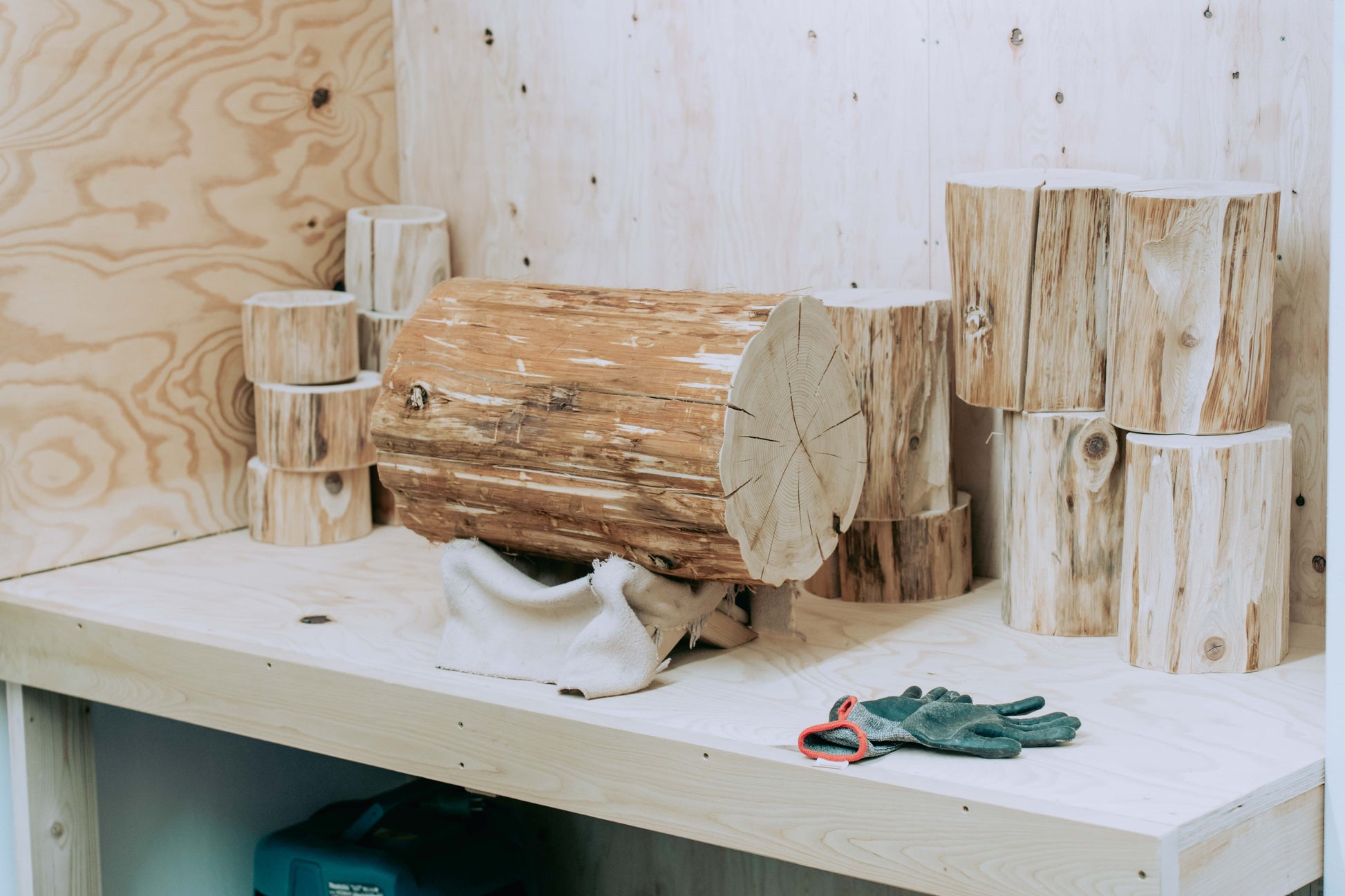 The Cul de Sac Tokyo workshop with logs of Hiba wood