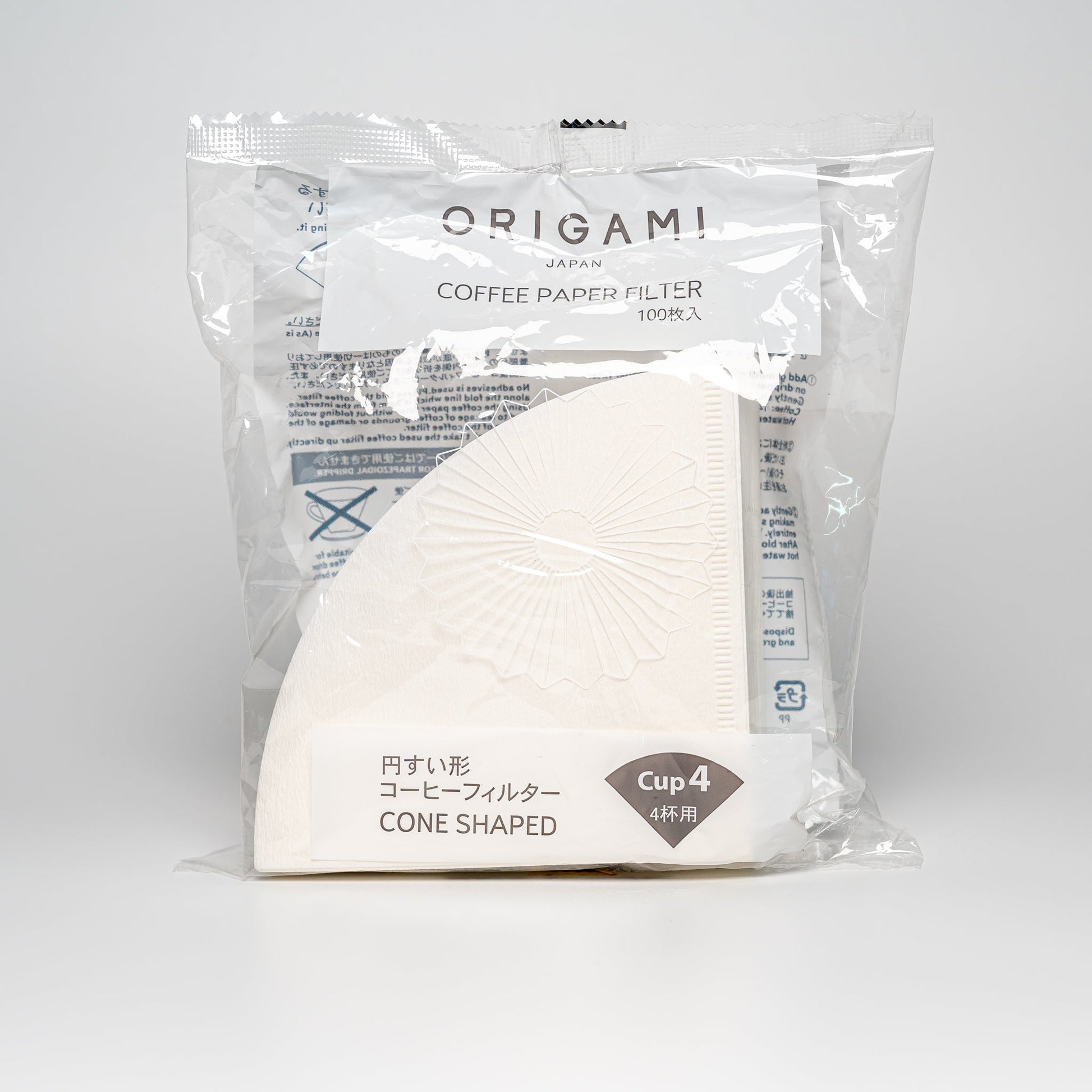 A bag of ORIGAMI coffee filter papers on a white background