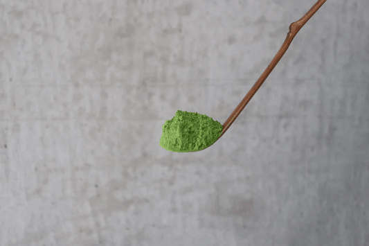 A soot bamboo tea scoop with a scoop of Japanese matcha