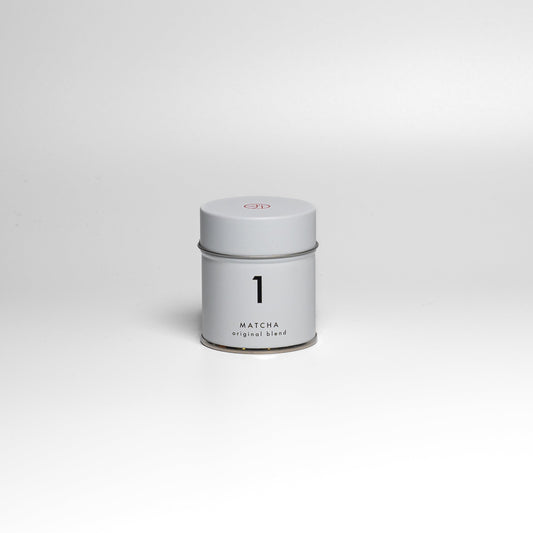 A tin of number 1 blend Japanese matcha from YUGEN Kyoto on a white background